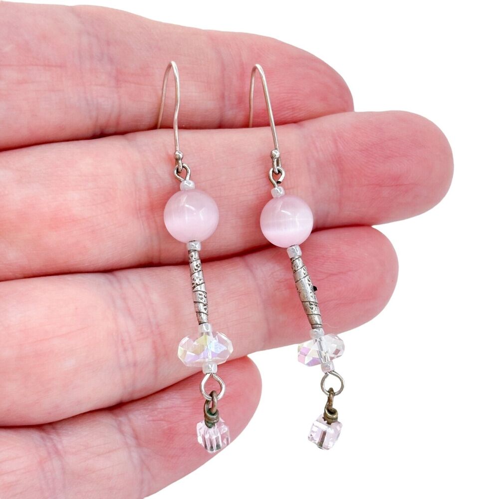 Estate Silver-Tone Pink Beaded Dangle Earrings